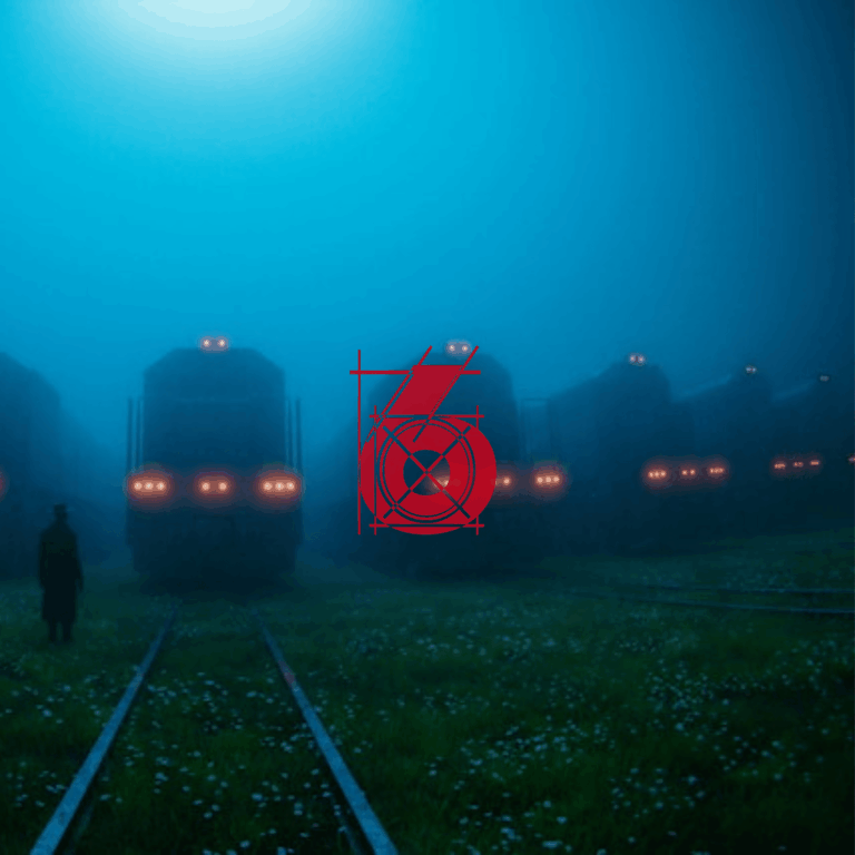 A lone figure stands beside old trains in a grassy field shrouded in heavy night fog. 3D render.