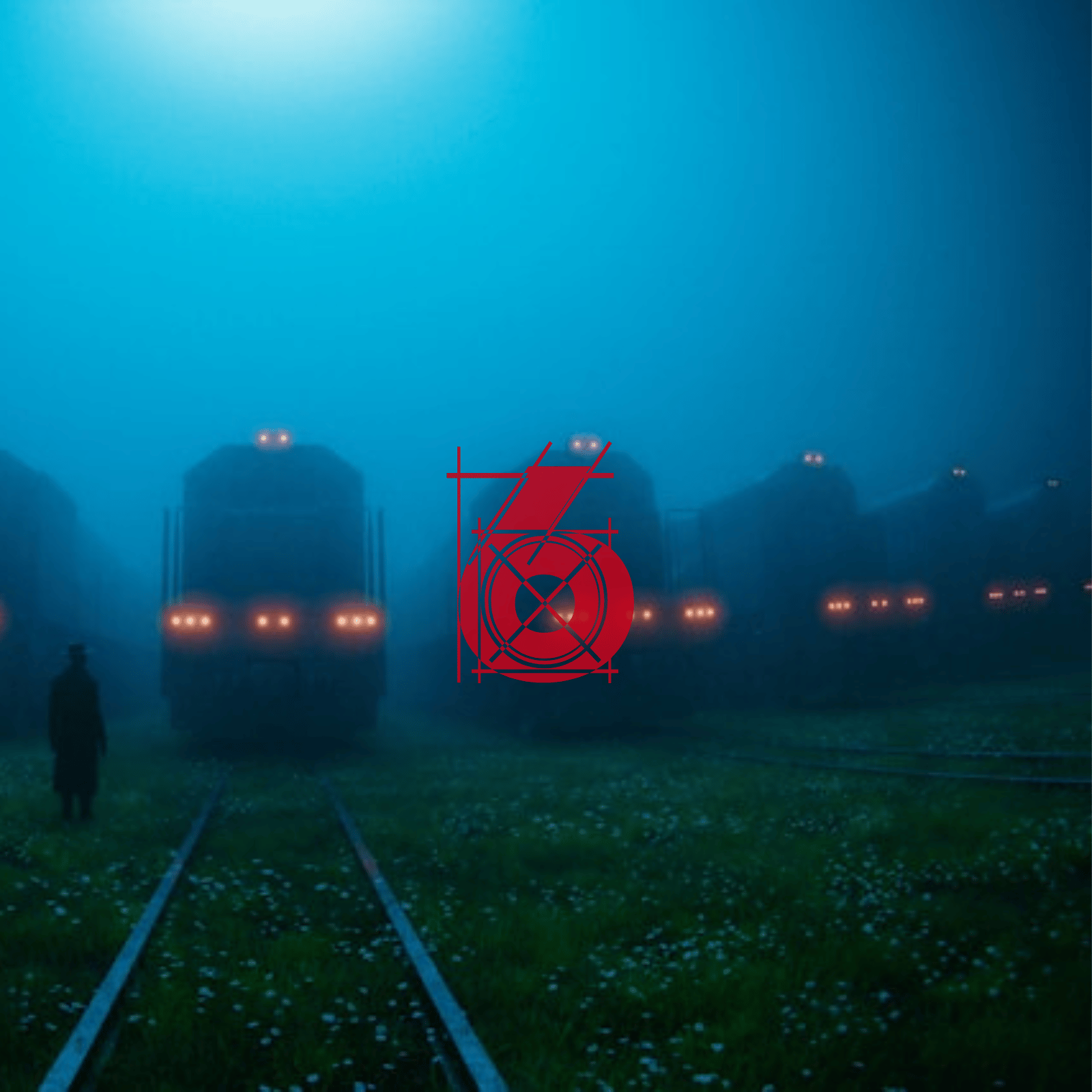A lone figure stands beside old trains in a grassy field shrouded in heavy night fog. 3D render.